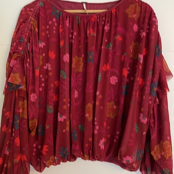 Free People Berry Wildflower Honey Boho Blouse Puffy Sleeves Girly Romantic Top - Picture 5 of 11
